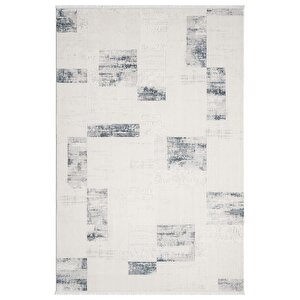 Truva Tv035m Krem Rengi Halı Lacivert Geometrik Detaylı Akrilik Yumuşak Modern Salon Halısı 78x300 cm