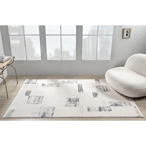 Truva Tv035m Krem Rengi Halı Lacivert Geometrik Detaylı Akrilik Yumuşak Modern Salon Halısı 78x300 cm
