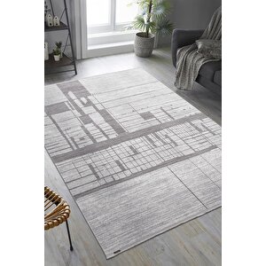 Trend Tr009a Gri Halı Koyu Gri Detaylı Geometrik Desenli Akrilik Yumuşak Salon Halısı 76x150 cm