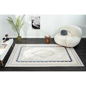 Dark Dk016m Gri Halı Mavi Kenar Çerçeveli Göbekli Akrilik Tozuaz Modern Salon Halısı Koridor Halısı 97x200 cm