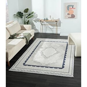 Dark Dk016m Gri Halı Mavi Kenar Çerçeveli Göbekli Akrilik Tozuaz Modern Salon Halısı Koridor Halısı 97x200 cm