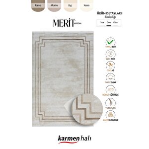 Merit Mr004a Krem Halı Kahverengi Kenar Çerçeveli Ince Yumuşak Akrilik Tozuaz Modern Salon Halısı
