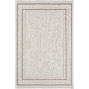 Truva Tv014a Bej Halı Kenar Çerçeveli Göbekli Desen Kalın Akrilik Tozuaz Modern Salon Halısı 156x230 cm