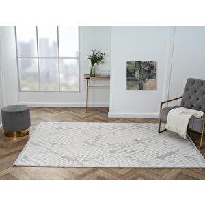 Kaftan Kf006g Bej Halı Gri Detaylı Geometrik Kabartma Desenli Akrilik Halı Tozuaz Salon Halısı 77x150 cm