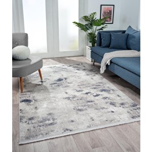 Lotus 8561 Açık Gri Halı Lacivert Detaylı Modern Ince Akrilik Tozuaz Salon Halısı Yatak Odası Halısı 100x300 cm