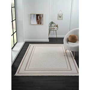 Truva Tv014a Bej Halı Kenar Çerçeveli Göbekli Desen Kalın Akrilik Tozuaz Modern Salon Halısı 234x340 cm