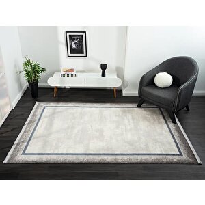 Dark Dk012m Gri Halı Lacivert Kenar Çerçeveli Geometrik Detaylı Akrilik Tozuaz Modern Salon Halısı 77x150 cm