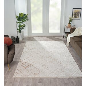Kaftan Kf004a Bej Halı Kahverengi Detaylı Kabartma Desenli Akrilik Halı Tozuaz Salon Halısı Koridor 116x180 cm