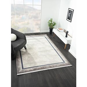 Dark Dk012m Gri Halı Lacivert Kenar Çerçeveli Geometrik Detaylı Akrilik Tozuaz Modern Salon Halısı 156x230 cm