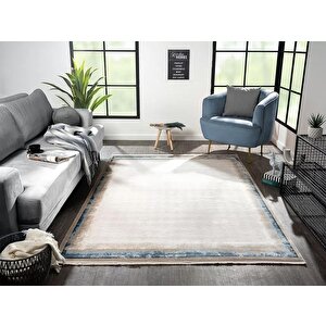 Merit Mr001m Toprak Rengi Halı Lacivert Kenar Çerçeveli Ince Yumuşak Akrilik Tozuaz Modern Halı 76x300 cm