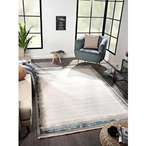Merit Mr001m Toprak Rengi Halı Lacivert Kenar Çerçeveli Ince Yumuşak Akrilik Tozuaz Modern Halı 76x300 cm