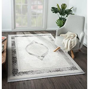 Dark Dk011g Gri Halı Antrasit Detay Kenar Çerçeveli Göbekli Akrilik Tozuaz Modern Salon Halısı 156x230 cm