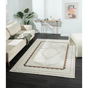 Dark Dk016a Bej Halı Kahverengi Kenar Çerçeveli Göbekli Akrilik Tozuaz Modern Salon Halısı Koridor 78x300 cm