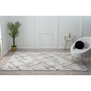 Tokyo Tk001m Gri Halı Lacivert Detaylı Modern Akrilik Halı Kaymaz Taban Tozuaz Salon Halısı Koridor 97x200 cm