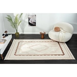 Dark Dk016a Bej Halı Kahverengi Kenar Çerçeveli Göbekli Akrilik Tozuaz Modern Salon Halısı Koridor 156x230 cm
