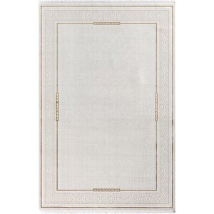 Elit El006s Krem Halı Gold Detaylı Kenar Çerçeveli Ince Yumuşak Akrilik Tozuaz Modern Salon Halısı 95x300 cm