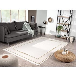 Elit El006s Krem Halı Gold Detaylı Kenar Çerçeveli Ince Yumuşak Akrilik Tozuaz Modern Salon Halısı 95x300 cm