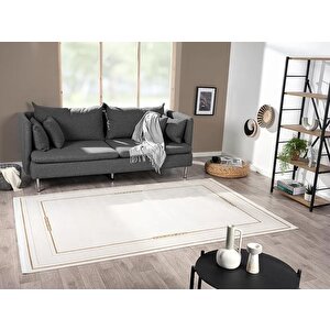 Elit El006s Krem Halı Gold Detaylı Kenar Çerçeveli Ince Yumuşak Akrilik Tozuaz Modern Salon Halısı 95x300 cm