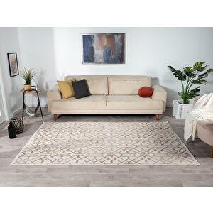 Kaftan Kf001a Bej Halı Kahverengi Detaylı Geometrik Kabartma Desenli Akrilik Halı Tozuaz Salon Halı 78x300 cm