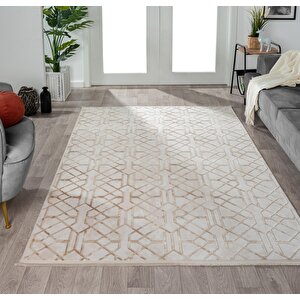 Kaftan Kf001a Bej Halı Kahverengi Detaylı Geometrik Kabartma Desenli Akrilik Halı Tozuaz Salon Halı 78x300 cm