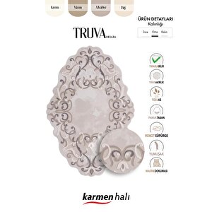 Truva 8362 Özel Kesim Bej Halı Gri Detaylı Kalın Akrilik Tozuaz Modern Salon Halısı Koridor 77x150 cm