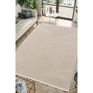 Merit Mr010a Krem Halı Vizon Bej Geometrik Detaylı İnce Yumuşak Akrilik Modern Salon Halısı 95x200 cm