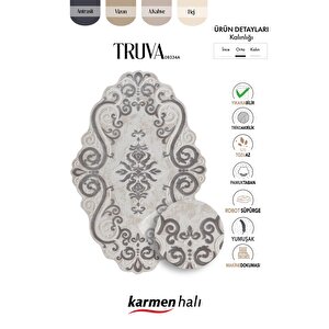 Truva 8334 Özel Kesim Bej Halı Gri Detaylı Kalın Akrilik Tozuaz Modern Klasik Salon Halısı Koridor 97x300 cm