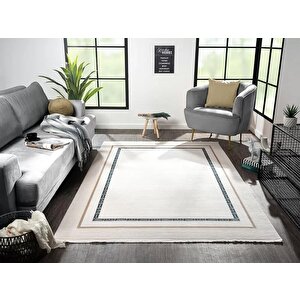 Merit Mr002m Krem Halı Lacivert Gold Kenar Çerçeveli Ince Yumuşak Akrilik Tozuaz Modern Salon Halı 228x340 cm