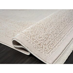Truva 8342 Oval Krem Halı Bej Detaylı Kalın Akrilik Tozuaz Modern Klasik Salon Halısı Koridor Oval