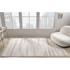Truva Tv036a Krem Rengi Halı Gri Ve Bej Detaylı Akrilik Yumuşak Salon Halısı 77x150 cm
