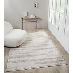 Truva Tv036a Krem Rengi Halı Gri Ve Bej Detaylı Akrilik Yumuşak Salon Halısı 77x150 cm
