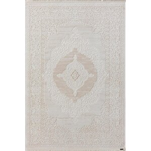 Truva 8342 Oval Krem Halı Bej Detaylı Kalın Akrilik Tozuaz Modern Klasik Salon Halısı Koridor Oval 156x230 cm