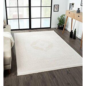 Truva 8342 Oval Krem Halı Bej Detaylı Kalın Akrilik Tozuaz Modern Klasik Salon Halısı Koridor Oval 156x230 cm