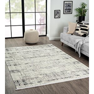 Best 107 Beyaz Halı Siyah Detaylı İnce Parlak Makinada Yıkanabilir Antialerjik Modern Salon Halısı 80x150 cm