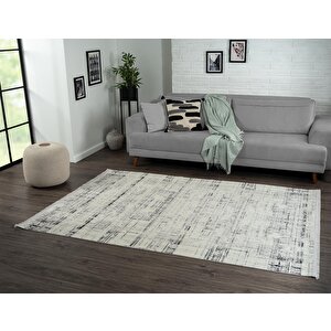 Best 107 Beyaz Halı Siyah Detaylı İnce Parlak Makinada Yıkanabilir Antialerjik Modern Salon Halısı 80x150 cm