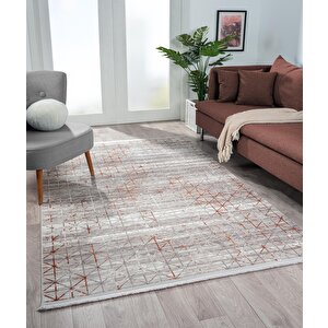 Lotus 8564 Gri Halı Kiremit Geometrik Detaylı Modern Ince Akrilik Tozuaz Salon Halısı Yatak Odası 120x180 cm