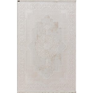 Truva Tv001a Krem Halı Kenar Çerçeveli Göbekli Kalın Akrilik Tozuaz Modern Klasik Salon Halısı 78x300 cm