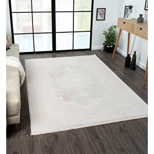 Truva Tv001a Krem Halı Kenar Çerçeveli Göbekli Kalın Akrilik Tozuaz Modern Klasik Salon Halısı 78x300 cm