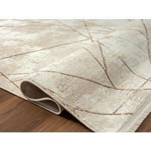 Tokyo 1753 Bej Halı Kahverengi Detaylı Geometrik Desen Modern Akrilik Halı Kaymaz Taban Tozuaz 78x300 cm