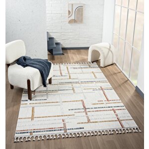Sümer Sm011a Krem Rengi Halı Renkli Geometrik Desenli Dekoratif Modern Antialerjik Salon Halısı 97x300 cm