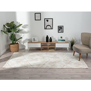 Tokyo 1753 Bej Halı Kahverengi Detaylı Geometrik Desen Modern Akrilik Halı Kaymaz Taban Tozuaz 97x300 cm