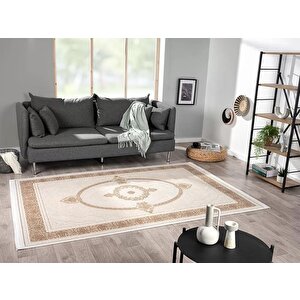 Elit El005a Krem Halı Toprak Detaylı Göbekli Kenar Çerçeveli Ince Yumuşak Akrilik Tozuaz Modern 76x300 cm