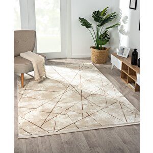 Tokyo 1753 Bej Halı Kahverengi Detaylı Geometrik Desen Modern Akrilik Halı Kaymaz Taban Tozuaz 97x200 cm