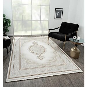 Elegance Eg001a Beyaz Halı Gold Sedef Detaylı Göbekli Modern Viskon Doğal Iplik Bambu Halı Tozu Az 77x150 cm