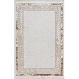 Truva Tv004a Krem Halı Kahverengi Detaylı Kenar Çerçeveli Kalın Akrilik Tozuaz Modern Salon Halısı 234x340 cm