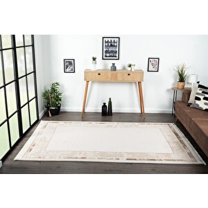 Truva Tv004a Krem Halı Kahverengi Detaylı Kenar Çerçeveli Kalın Akrilik Tozuaz Modern Salon Halısı 234x340 cm