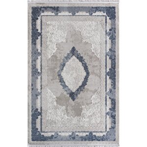 Soft 716 Gri Halı Lacivert Kenar Çerçeveli Göbekli Modern Akrilik Tozuaz Salon Halısı Koridor Halısı 120x180 cm