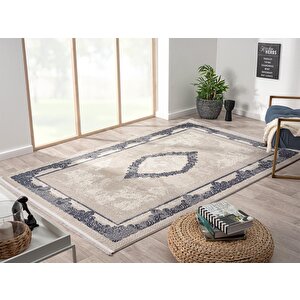 Soft 716 Gri Halı Lacivert Kenar Çerçeveli Göbekli Modern Akrilik Tozuaz Salon Halısı Koridor Halısı 120x180 cm
