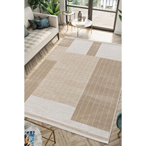 Merit Mr008a Krem Halı Vizon Geometrik Desenli İnce Yumuşak Akrilik Modern Salon Oturma Odası Halısı 152x230 cm