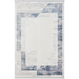 Dark Dk014m Gri Halı Mavi Geometrik Detaylı Akrilik Tozuaz Salon Halısı Yatak Odası Halısı Koridor 97x200 cm